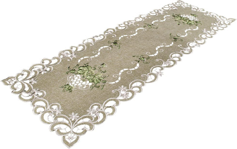 Embroidered Green Leaf on Antique Green Fabric Table Runner, Dresser Scarf, Coffee Table Doily (16Wx35L)...