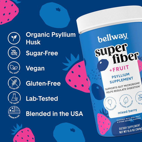 Bellway Super Fiber Powder + Fruit, Sugar Free Organic Psyllium Husk Powder Fiber Supplement for Regularity, Bloating Relief & Gut Health, Non-GMO...