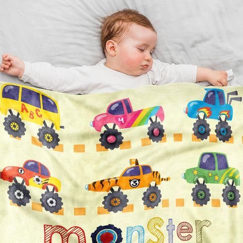 Monster Trucks Blanket for Baby Boys, Yellow Car Throw Blanket for Toddler Boys, Monster Trucks Throw Blanket, Soft Fleece Car Blanket for Boys Ki...