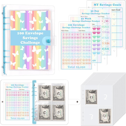 HAUTOCO 100 Envelopes Money Saving Challenge A5 Binder, Savings Challenges Book to Save $5,050, 500, 10,000, Budget Binder with Cash Envelopes, PV...