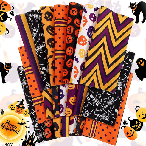 20 Pieces 10 x 10 Inch Halloween Fabric Quilting Bat Pumpkin Skull Print Patchwork Squares Craft Bundle Mixed Pattern Fabric Halloween Theme Decor...