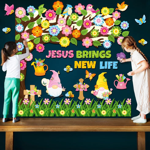 Zonon 114 Pcs Christian Spring Classroom Bulletin Board Decorations Flower Tree Bulletin Board Set Religious Spring Cutouts for Sunday School Kids...