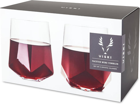 Viski Raye Faceted Crystal Wine Glasses Set of 2, No-Lead Premium Crystal Clear Glass, Modern Stemless, Wine Glass Gift Set, 20 oz...