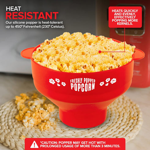 Silicone Microwave Popcorn Popper (Red) Air Popper Popcorn Maker No Oil Required, Collapsible Pop-Corn bowl with Lid, Reusable, BPA-Free, Dishwash...