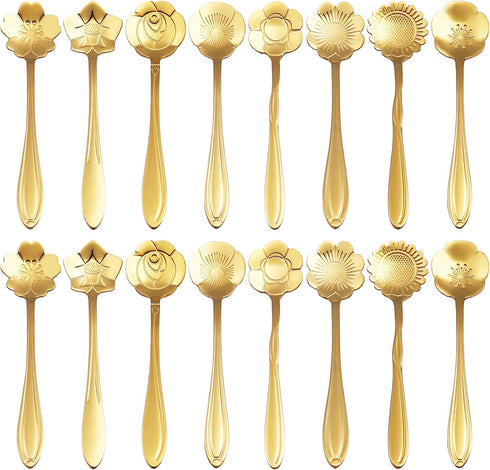 16 Pieces Flower Spoon Coffee Teaspoon Set, PBIEHSR Stainless Steel Coffee Tea Spoons Dessert Scoop for Stirring Drink Mixing Milkshake Jam (Gold-...