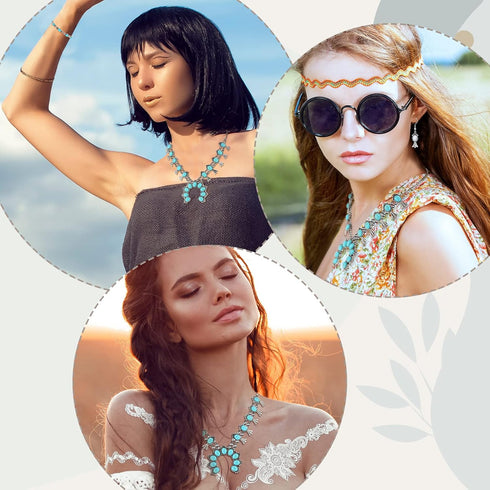 Henoyso 4 Pcs Bohemian Squash Blossom Turquoise Western Jewelry Set Vintage Metal Howlite Necklace Earrings Wrist Chain Ring for Women (Blue Turqu...