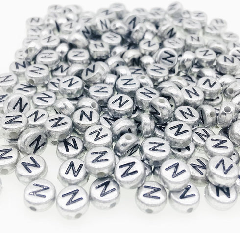 200Pcs Round Ancient Silver Letter N Beads,4x7mm Flat Letter-N Beads for Bracelets,Alphabet Beads for Jewelry Making DIY Necklaces Crafts Supply(S...