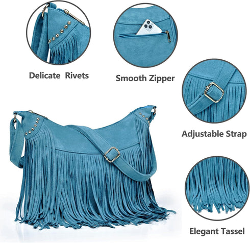 Women Fashion Fringe Crossbody Bags Vegan Suede Hippie Tassel Hobo Shoulder Purse Bohemian Handbags...