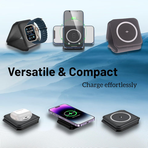3-in-1 Foldable Magnetic Fast Charging Pad | MagSafe Wireless Travel Charger for Multiple Apple Products | iPhone 15/14/13/12/11 Plus Pro Max | iW...