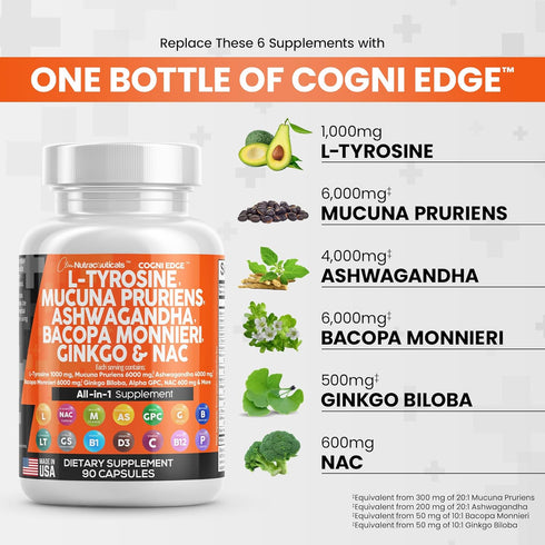 Clean Nutraceuticals L Tyrosine 1000mg Mucuna Pruriens 6000mg Bacopa Monnieri 500mg Ashwagandha 4000mg Focus Supplement w/N-Acetyl Cysteine 600mg ...