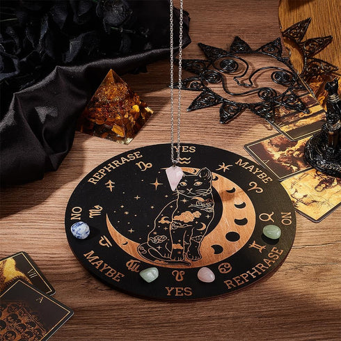 Wooden Pendulum Board 7.9" Cat Moon Witch Dowsing Divination Planchette Board Metaphysical Message Board with Healing Crystal Necklace Witchcraft ...