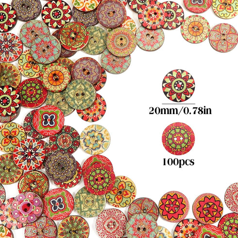 Wooden Buttons 100Pcs Round 2 Holes Old Fashioned Painted Flower for Sewing Crafting Colorful Patterns 0.78in...