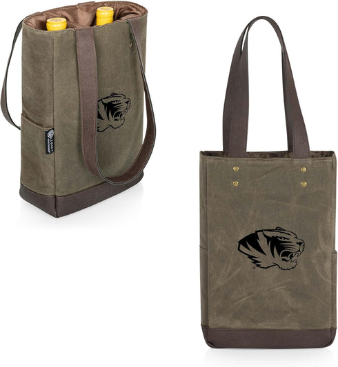 PICNIC TIME 2 Bottle Insulated, Distressed Waxed Canvas Tote, Wine Gift Bag, Khaki Green with Beige Accents...