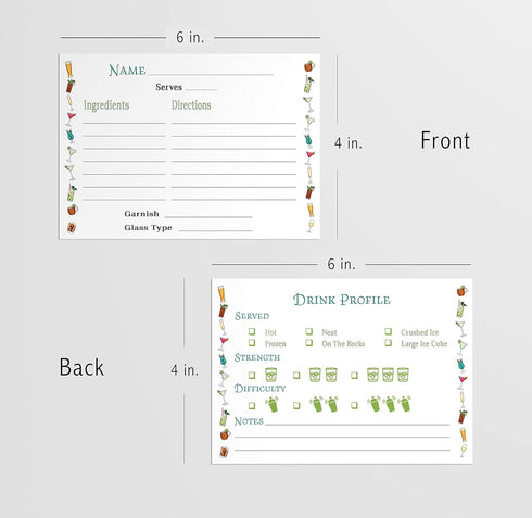 Cocktail Recipe Cards, 4x6 Inches, 50 Fill-in-the-Blank Cards for Recipe Box (Watercolor Border)...