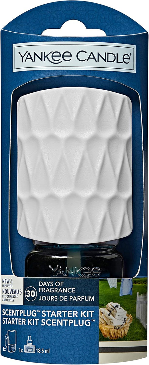 Yankee Candle ScentPlug Starter Kit | Clean Cotton Plug in Air Freshener | Up to 30 Days of Fragrance | White Organic Pattern | UK 3 pin Plug...