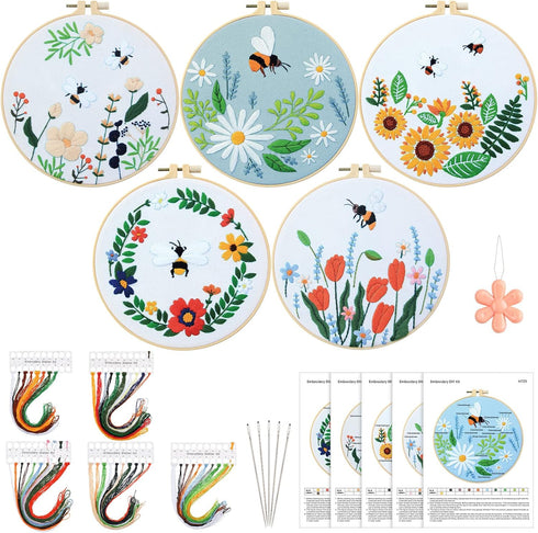 Yinder Embroidery Starter Kit for Beginners 5 Set Cross Stitch Kits for Adults with Floral and Bee Pattern Include 2 Embroidery Hoops, 5 Embroider...