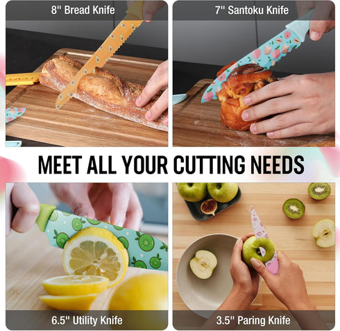 HAUSHOF Kitchen Knife Set, 12-Piece Colorful Knives Set with 6 Sheaths, Non-Stick Coated Stainless Steel Fruit Pattern Blades for Slicing, Dicing&...