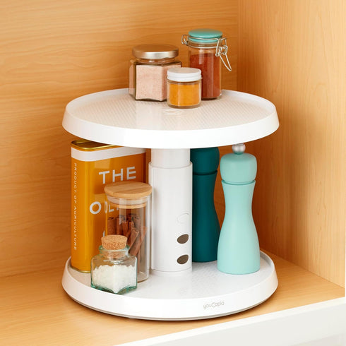 YouCopia Crazy Susan Two-Tier Turntable, Height-Adjustable Lazy Susan Organizer for Kitchen Cabinet and Pantry Organization and Storage, White...