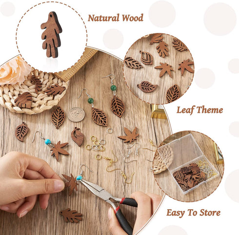 Cheriswelry Wood Leaf Earring Natural Wooden Dangle Earrings Making Kit Coconut Brown Wood Leaf Charms Brass Earring Hooks Jump Rings for Women Gi...