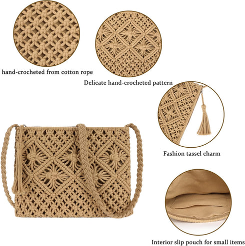 Women Beach Shoulder Bag Woven Crossbody Bag Cotton Crochet Handmade Satchel Handbag Purse Bag for Summer...