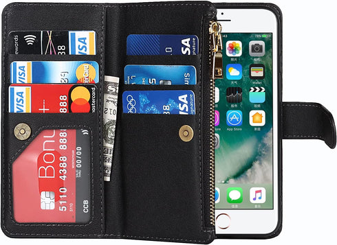 Jaorty Wallet Case Compatible with iPhone 7/8/iPhone SE 2nd 2020, 9 Card Slots, Wrist Strap, Stand Feature, Zipper Cash Pocket, Magnetic Leather C...