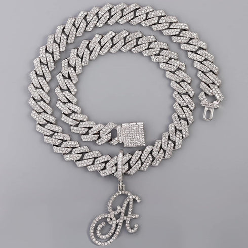 Gold Silver Plated Initial Cuban Link Chain Necklace for Women Cursive Letter Gold Miami cuban link chain Iced out chain with pendant for women (S...