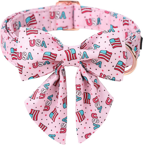ARING PET 4th of July Dog Collar-Cotton Pink USA Patriotic Dog Collar with Bowtie, Adjustable American Flag Dog Collar Puppy Collars for Small Med...