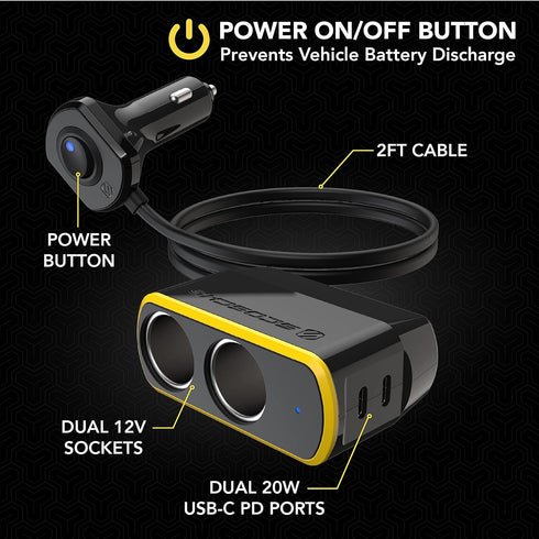 Scosche DCLSPD402SW DoubleUp Dual 12V Adapter with Dual 20W USB-C Power Delivery Charger, Add Power Ports and Double Cigarette Lighter Ports, Fast...