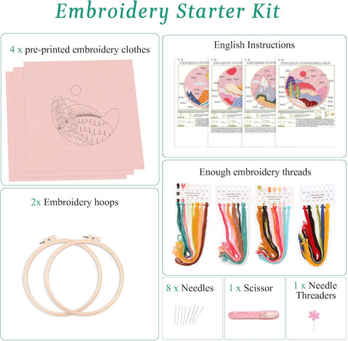 Harimau 4Pcs Beginner Embroidery Kit,Natural Landscape Pattern,Cross Stitch Kits, Including Stamped Embroidery Cloth with 2 Embroidery Hoops, Mult...
