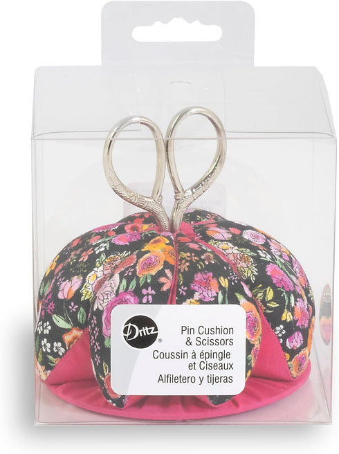 Dritz Scissors, Black/Pink Floral Pin Cushion...