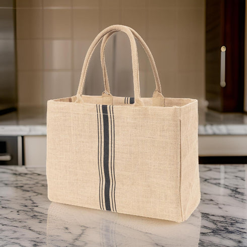 KAF Home Jute Market Tote Bag with Handles, Triple Stripe...