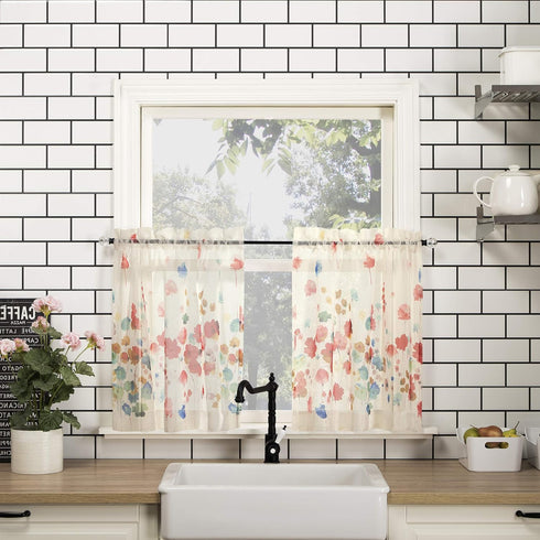 No. 918 Rosalind Watercolor Floral Semi-Sheer Rod Pocket Kitchen Curtain Valance and Tiers Set, 54" x 24", Poppy Red...