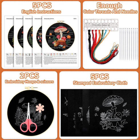 5 Sets Embroidery Kit with Mushroom Pattern and Instruction Halloween Fall Cross Stitching for Beginner Adult Kid DIY Stamped Starter Needlepoint ...