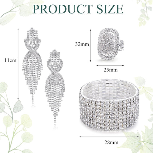 Sllaiss Rhinestone Bridal Jewelry Set for Women Sparkling Rhinestone Stretch Bracelet Ring Dangle Tassel Earrings Set Costume Jewelry...