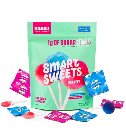 SmartSweets Lollipops, 3oz, Blue Raspberry & Watermelon Flavors, Hard Candy with Low Sugar (1g), Low Calorie (40), No Artificial Sweeteners, Plant...