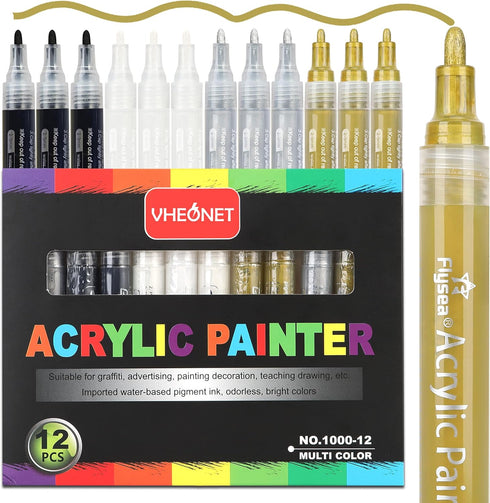 Acrylic Paint Pens, 12 Pack (3 Black 3 White 3 Gold 3 Silver) 3mm Permanent Painting Markers DIY Craft for Rock Ceramic Glass Wood Plastic Canvas ...