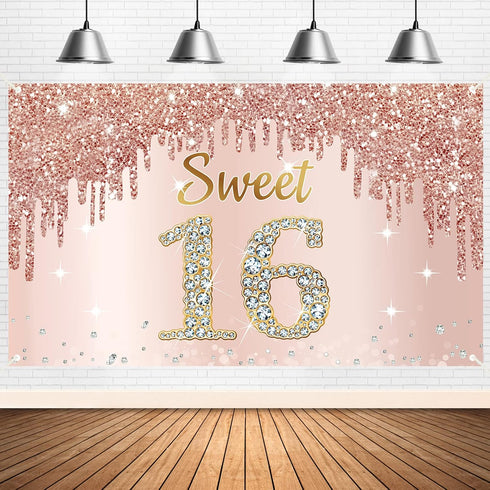 Sweet 16th Birthday Banner Backdrop Decorations for Girls, Rose Gold 16 Birthday Party Sign Supplies, Pink 16 Years Old Birthday Poster Background...