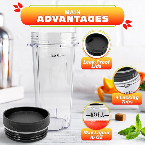 2Pcs Single Serve Blender Cup with Lid - 16 Oz Cup Blender for Smoothies Ninja Blender Cups Replacement - 4 Tabs Single Serving Blender Bottle Lid...