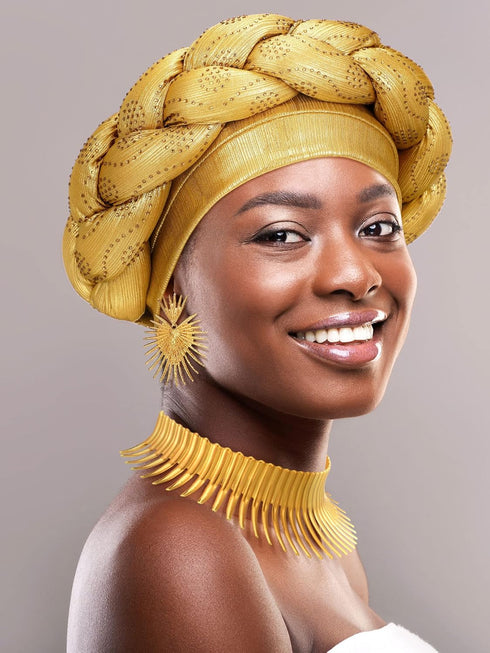 Yinkin African Jewelry Set for Women Party Gold Statement Earrings Collar Bib Necklaces African Turban Head Wrap for Theme Party...