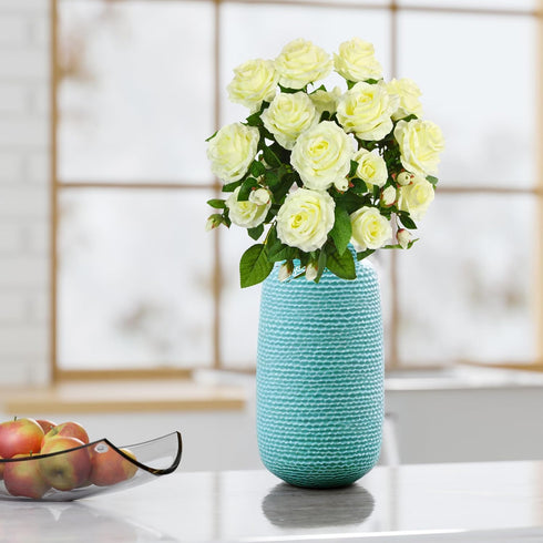 Admired By Nature 15 Head Artificial Flowers Roses Bud Bush Spring Faux Flower Arrangement for Outdoor & Indoor Wedding Home Decor, Cemetery Decor...