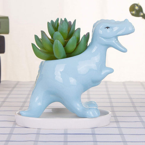 VanEnjoy Desktop Cute Cartoon Blue Tyrannosaurus Dinosaur Ceramic Succulent Pot with Tray, Bonsai Cactus Flower Pot Vase Holder Decorative Organiz...