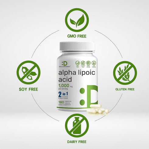 Alpha Lipoic Acid 1,000mg, 180 Veggie Capsules – 50/50 R-ALA & S-ALA for Max Bioavailability – Antioxidant Supplement – Energy & Nervous System Su...