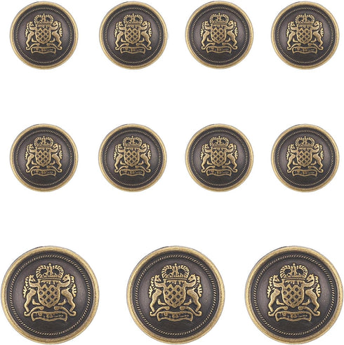 11 Piece Antiqued Bronze Metal Blazer Button Set - Crown Lion- for Blazer, Suits, Sport Coat, Uniform, Jacket(Bronze)...