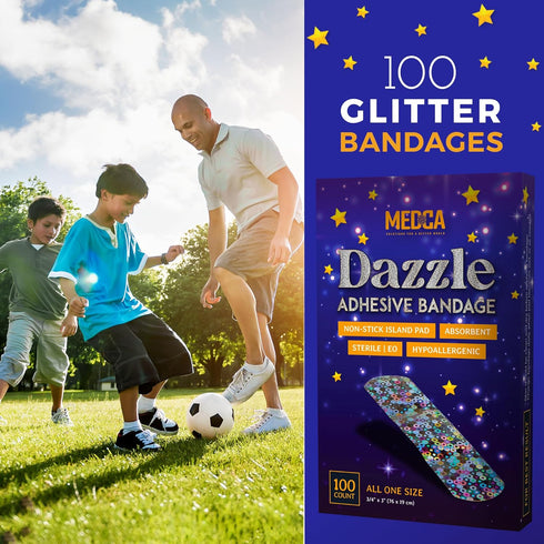 Glitter Bandages for Kids -(100 Count Box) Adhesive Bandage Strips w/Colorful Glitter Design & Latex-Free Individually Wrapped Strips for First Ai...
