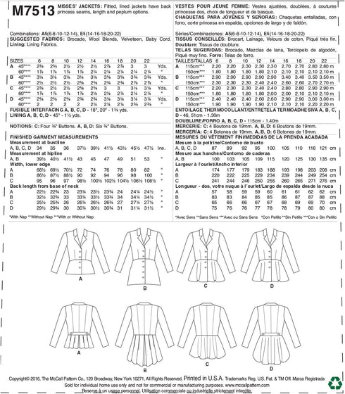 McCall's Patterns M7513 A5 Misses' Notch-Collar, Peplum Jackets, Size 6-14 (7513)...