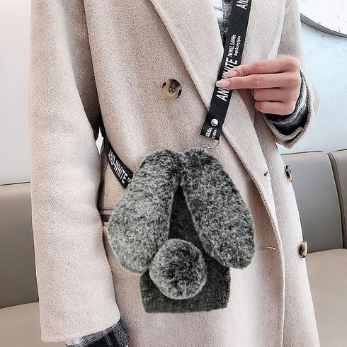 3D Bunny Ears Plush Case for Samsung Galaxy A12 with Crossbody Strap, Winter Warm Handmade Bling Diamond Soft Rabbit Fluffy Furry Fur Shockproof P...