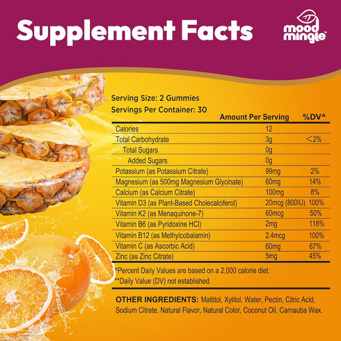 Potassium Magnesium Glycinate Supplement Gummies - High Absorption Potassium Chews - with Calcium Vitamins B6 B12 C D3 K2 Zinc - Vegan Sugar-Free ...