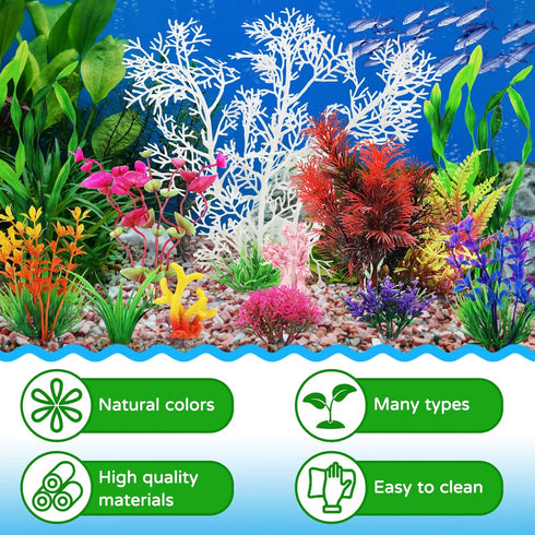 Aquarium Decorations Plants with Resin Coral, 12 pcs Fish Tank Accessories, Fish Tank Decorations Small Plants Plastic, Aquarium Decor Artificial ...