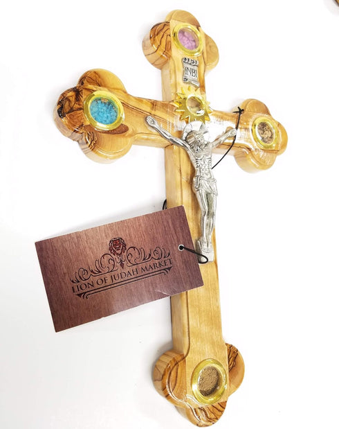 Wall Cross Crucifix Orthodox 14 Station 4 Lens Olive Wood Essences by LION OF JUDAH MARKET (11")...