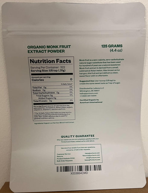 Organic Monk Fruit Sweetener, 125g (4.41oz), No Fillers Pure USDA Organic Monk Fruit Extract Powder with No Aftertaste, Zero Calorie & Zero Carbs,...